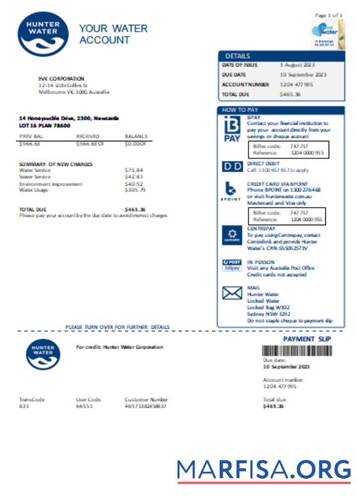 Realistic Hunter Water utility business bill, SCR real example